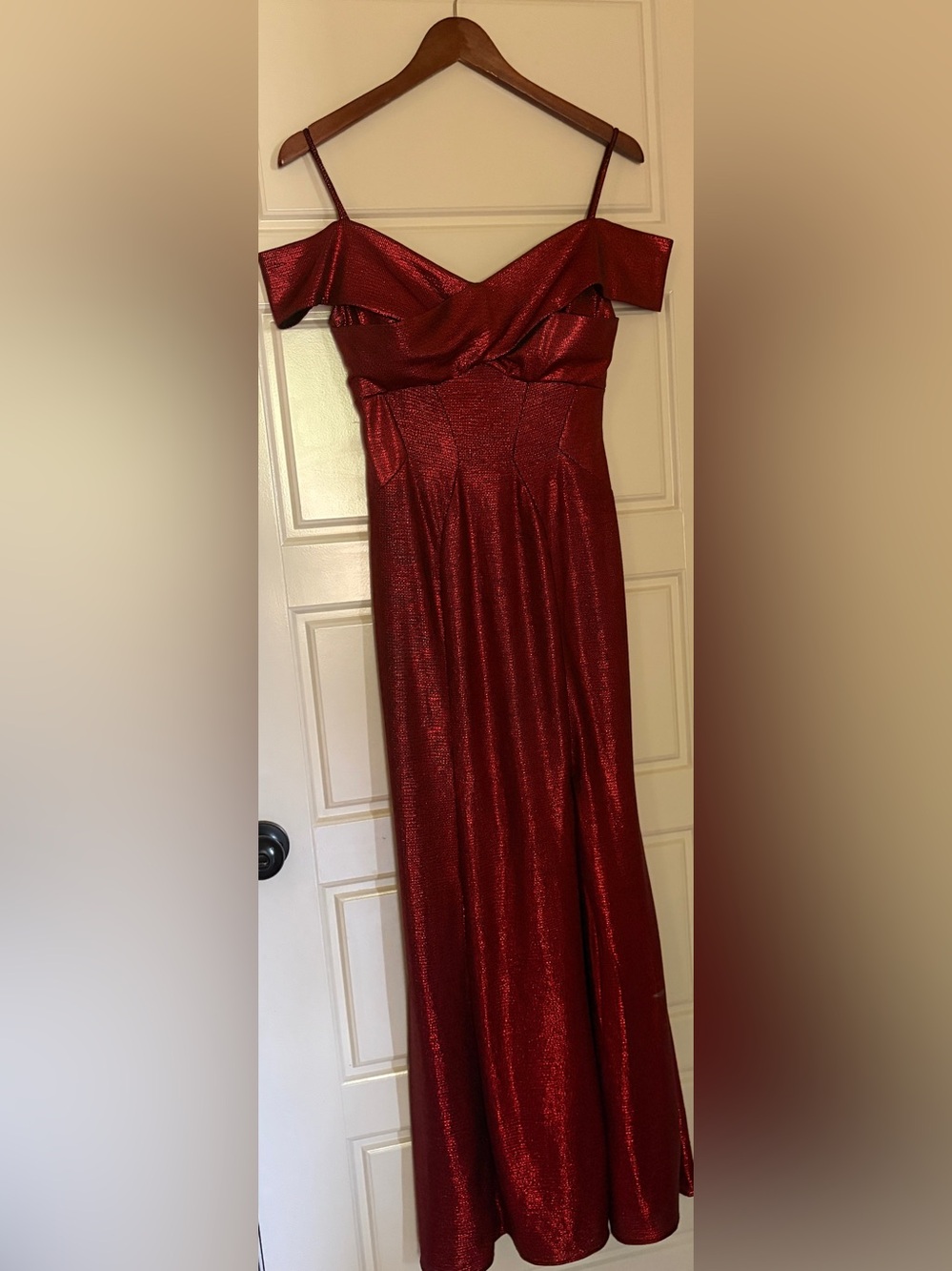 This is a stunning dress Night Way Collections Shimmery Red Off-Shoulder Evening